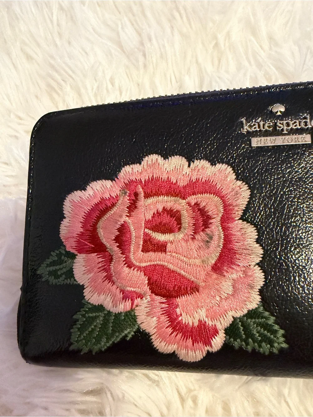 Black Kate Spade Embroidered Rose  Rosetta Wallet - Continental Large Zip Wallet
